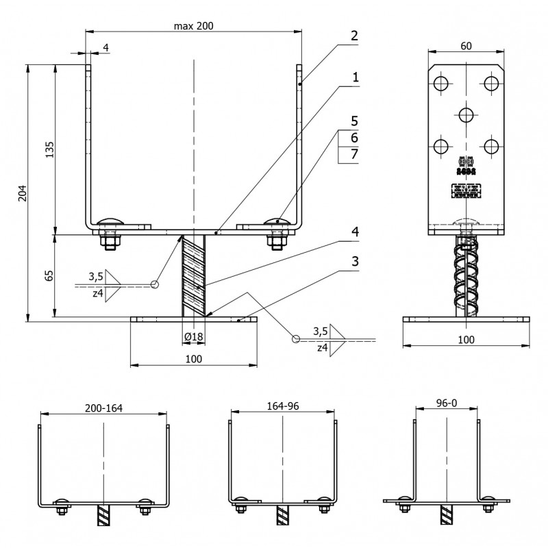Stützenfuß Pfostenträger – breitenverstellbar – PSRT 60-200x136x4,0 GRUNDLINE - 4